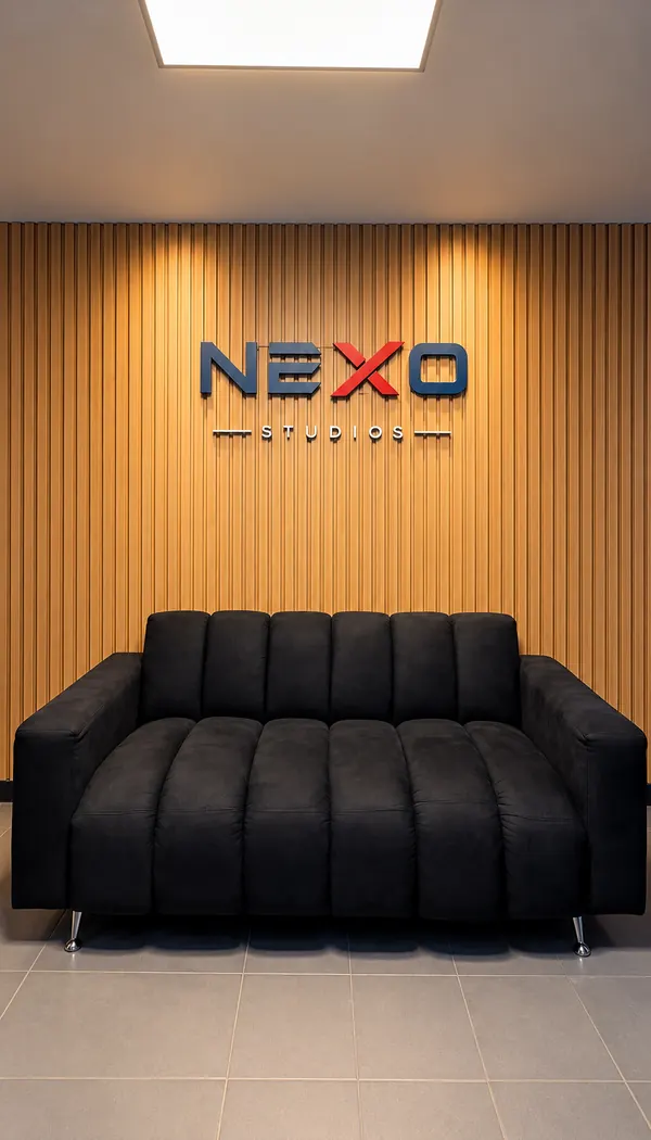 Recepción de NEXO Studios con el logo y sillón negro